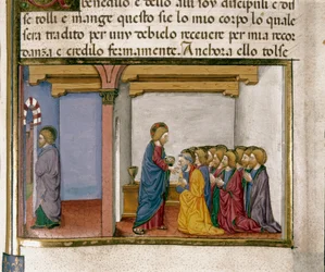 Jesus ger bröd till aposteln, symbol för hans kropp, medan Judas kommer ut Miniatyr från Cristoforo De Predis (1440-1486) efter Nya testamentets historia