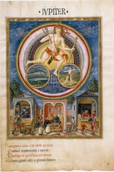 Jupiter med stjärntecken på fisk och Skytten. Handlare som säljer olika föremål. (miniatyr, ca 1470)