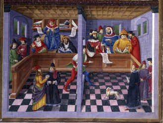 Tribunalen (Il Tribunale) i "" Influence of March "": jakten och tribunalen. Miniatyr gjord av Cristoforo de Predis (ca 1440-c. 1486) - i "" De Sphaera "" "d