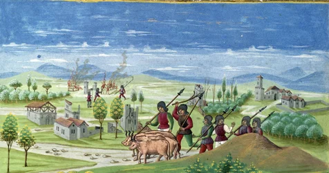 Plundring under kriget. detalj av "" Sun Influence "": The War. Miniatyr gjord av Cristoforo de Predis (v. 1440-v. 1486) - i “” De Sphaera””” d