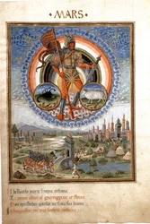 Mars med stjärntecknen skorpion och belier. Stridsscenerna. (miniatyr, ca 1470)