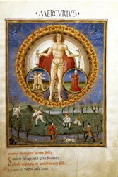 Merkurius med stjärntecknen Jungfrun och Tvillingarna. Bönder som arbetar på fälten, miniatyr, omkring 1470