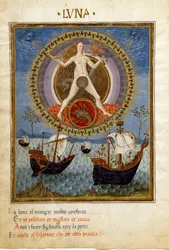 Månen med stjärntecknet på cancer. Båtar under det stigande stoet (miniatyr, ca 1470)