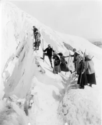 Grupp av män och kvinnor som bestiger Paradiseglaciären i Mount Rainier nationalpark, Washington