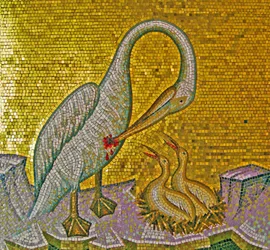 Pelikanmamma matar sina ungar med sitt eget blod, Kykkos kloster, Troodosbergen, Cypern (mosaik)