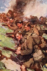 "A Thrilling Charge", illustration från "Told in the Huts: The YMCA Gift Book", publicerad 1916.