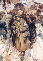 Modiga sjuksköterskor i den serbiska arméns reträtt (färg litho)