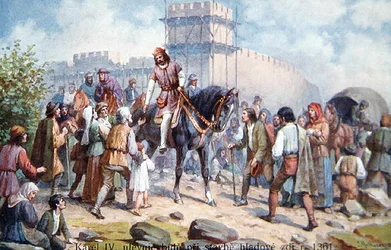 Karl IV hälsar vanliga människor under sin utbyggnad av Prags befästningar 1361, vykort från början av 1900-talet (färg litho)