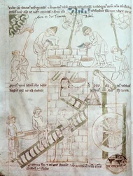 Ms 23 C 124 fol.3 Konstruktionen av Babels torn, från Velislav-bibeln, ca 1340
