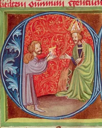 Författaren erbjuder sin bok till Karl IV (1316-1378) av Böhmen, från Opus Ruralium Commodorum av Pietro de Crescenzi (1230-1321)