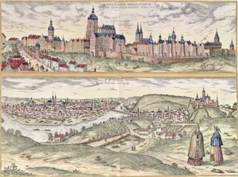 Vy över Prag som visar (ovanför) det kejserliga palatset (Hradschin) och (nedan) floden Moldau som skiljer de gamla och moderna delarna av staden (gravyr)