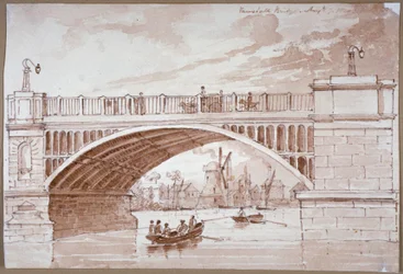 Utsikt över en liten båt som passerar under Vauxhall Bridge, London, 1820.