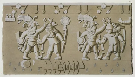 Basrelief av forntida aztekiska krigare, från Tízocs sten som minner om en härskare som håller sina fångar i huvudet