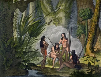 Camacani-stamfolk i skogsmark i Amazonas djungel, Brasilien, ur «Le Costume Ancien et Moderne», volym I, plansch 53, av Jules Ferrario, utgiven omkring 1820-30-talen