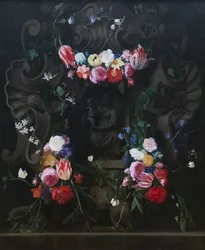 Girlander av blommor som omger Jungfrun med barn