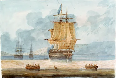 Brittisk krigsman och andra fartyg i en ankarplats, med skeppsbåtar i förgrunden, ca 1798-1805 (akvarell)