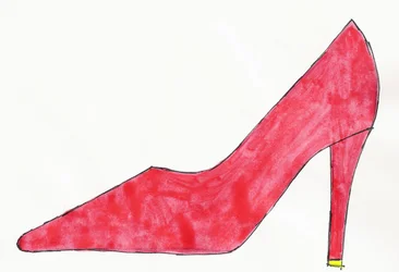 Red Shoe, 2017 (rött och gult indiafärg med tuschpenna på papper)