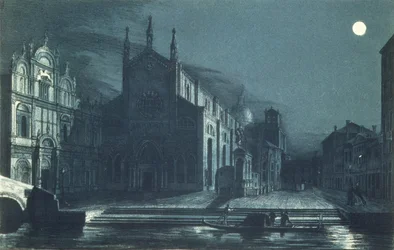 Nattscen av SS-kyrkan. Giovanni och Paolo, Venedig, graverad av Brizeghel (litho)