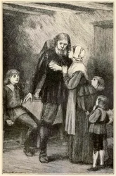 Christian anförtror sig till sin fru från The Pilgrims Progress From This World, To That What Is To Come av John Bunyan (1628-1688) illustration av Thomas Dalziel (1823-1906) Christian med den tunga bördan