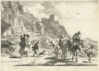 Kvinna på en packad åsna, man med ko och andra resenärer i bergslandskap Southern Landscapes (serietitel)
