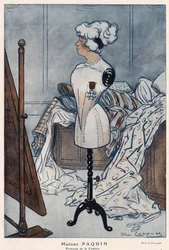 Madame Jeanne Paquin (1869-1936), fransk couturiere, representerad med hederslegionens kors som hon just har erhållit - illustration av Daniel De Losques (Henri Casimir Paul Thhouroude dit) (1880-1915) i "" Fantasio"" av 1913