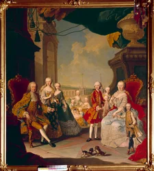 Francois I av det heliga riket (1708-1765) och hans fru, imponen Marie Therese Iere (1717-1780) med sina elva barn på terrassen till slottet Schönbrunn (eller Schönbrunn) Den blivande drottningen Marie Antoinette poserar fortfarande i centrum bebis. Måla