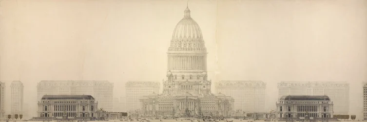 Plåt 131 från The Plan of Chicago, 1909: Chicago. Höjd som visar gruppen av byggnader...