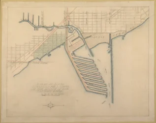 Plåt 72 från The Plan of Chicago, 1909: Chicago. Skissdiagram över dockor föreslagna vid munnen...