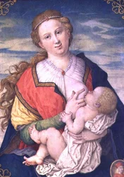 Virgin and Child, 1600 efter en teckning av Albrecht Durer (1471-1528) (se 70446) (wc på pergament placerad på panel)