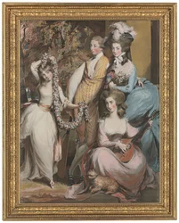 Ett porträtt i helfigur av Mary Sturt of Crichel (1740-1807) stående med sina tre äldsta barn, Diana, Mary och Humphry (blyerts, pastell och akvarell)