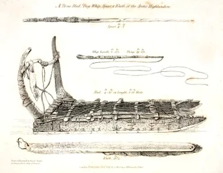 En bensläde, hundpiska, spjut och kniv från Arctic Highlanders, illustration från 
