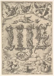 IHS-monogram omgivet av sex änglar, ca. 1485-1536.