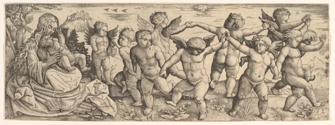 Jungfru och barn med änglar som dansar i ett landskap, 1530-talet.