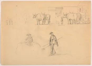 Teckning, Barnyard; Figurer och oxar, 1878
