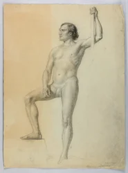 Teckning, Manlig naken med ena foten på ett trappsteg, 1858