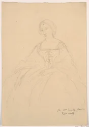 Teckning, Mrs Sheppard Gandy sittande; Averso: Linjeskiss, 1859