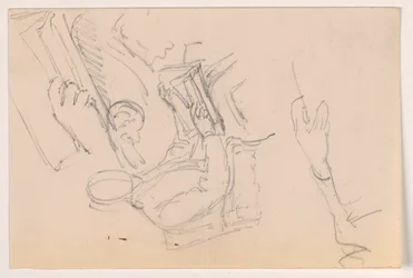 Teckning, Robert L. Stuart, sittande, första porträttet, för Presbytarian Hospital; separata armstudier, 1881