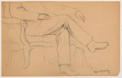 Teckning, William H. Macy sittande, underkropp; a tergo: höger hand, 1884
