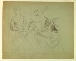 Skisser av en kvinna med en lut, studie för "Titian visar gravläggningen till Charles V och Clement VII"