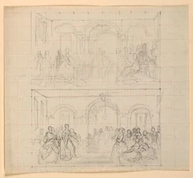 Två figurkompositioner för målningen "The Republican Court" (Lady Washingtons mottagningsdag)