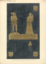 Mässingsplatta för Gregory Lovell och hans fru Anne, David Bellinghams dotter, Harlington Church