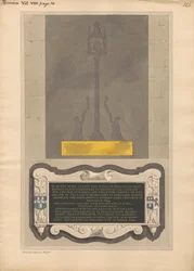 Rester av mässingsplåt och minnesmärke till William Nicol och Ann hans hustru och Elizabeth hans dotter och William hans son av Hendon Church