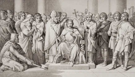 Kröning av Harold II (c.1022-66) kung av anglosaxarna år 1066 e.Kr., från 