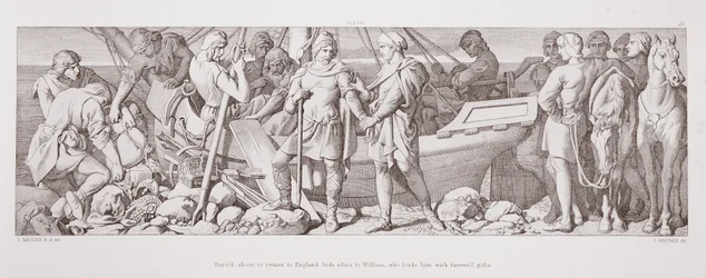 Harald, som är på väg att återvända till England, säger adjö till Vilhelm, som ger honom avskedspresenter, från "The Story of the Norman Conquest", graverad av L. Gruner, 1866.