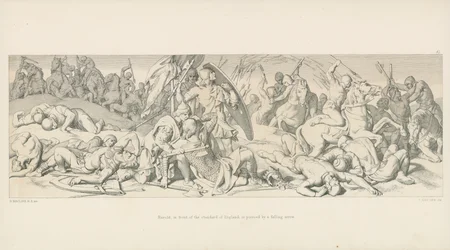 Harold, foran Standard of England, bliver gennemboret af en faldende pilesved