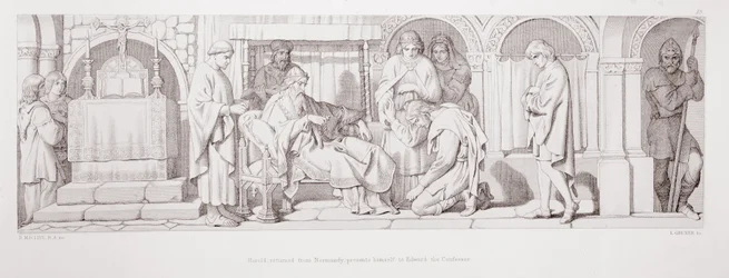 Harold, som återvänt från Normandie, presenterar sig för Edvard Bekännaren, ur "The Story of the Norman Conquest", graverad av L. Gruner, 1866.