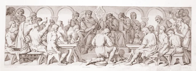 Vilhelm ger Harold värdigheten som normandisk riddare, från "The Story of the Norman Conquest", graverad av L. Gruner, 1866.