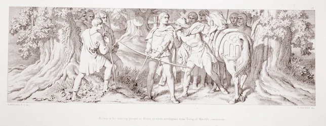 Vilhelm får i sitt jaktområde vid Rouen besked av Tostig om Haralds kröning, ur ”Berättelsen om den normandiska erövringen”, graverad av L. Gruner, 1866