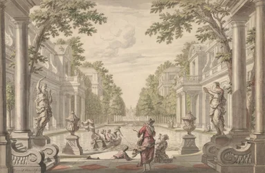 Vy över en palatsträdgård med en central damm omgiven av klassisk arkitektur ..., ca 1700-1720