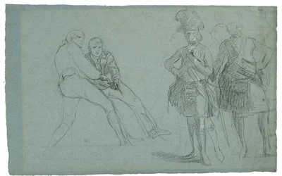 Studie för The Siege of Gibraltar (Studie av överstelöjtnant Lindsay och figurer som drar på ett rep), ca. 1786-1787 (grafslips och svartvit krita på gråblått papper)